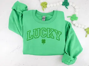Lucky Shamrock Embroidered Crewneck, St Patricks Day Sweatshirt, Green Irish Pullover, Saint Paddys Day Outfit for Women, Minimal Lucky Clover Design, Cozy Holiday Gift