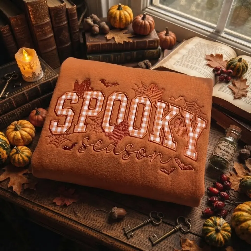 Spooky Season Embroidered Sweatshirt, Plaid Applique Fall Crewneck, Black Halloween Sweater.