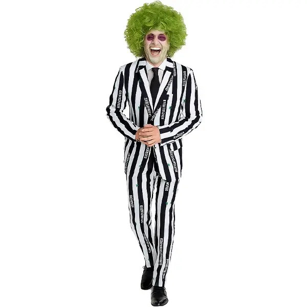 Beetlejuice-Inspired Halloween Costume with Green Wig and Striped Suit