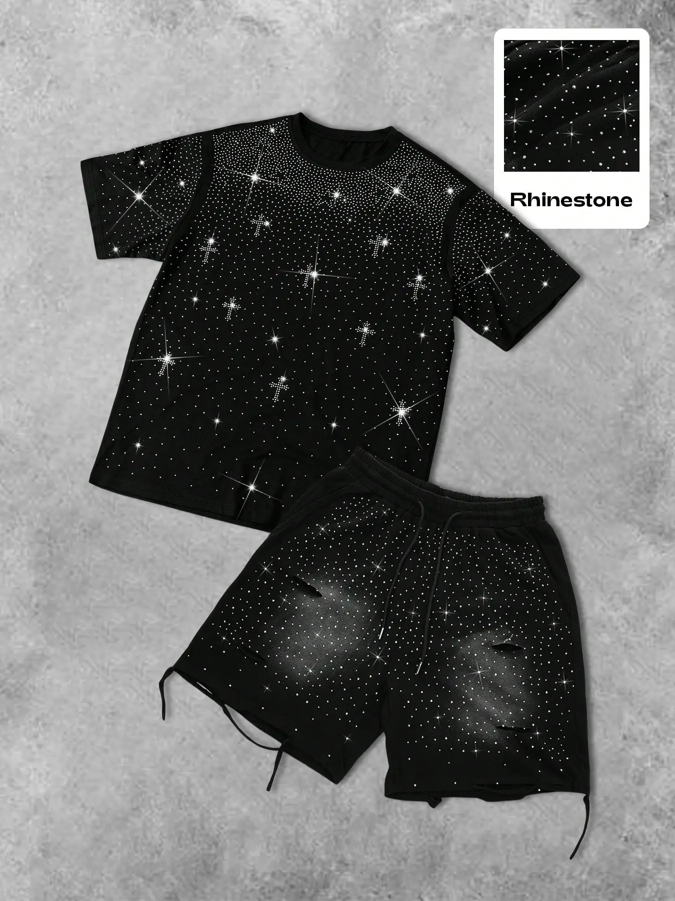 Men's Casual Two-Piece Set, Menswear Summer Short Sleeve T-Shirt & Rhinestone Floral Shorts, Perfect Gift for Boyfriend, Outfit Clothes