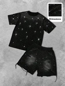 Men's Casual Two-Piece Set, Summer Short Sleeve T-Shirt & Rhinestone Floral Shorts, Perfect Gift for Boyfriend