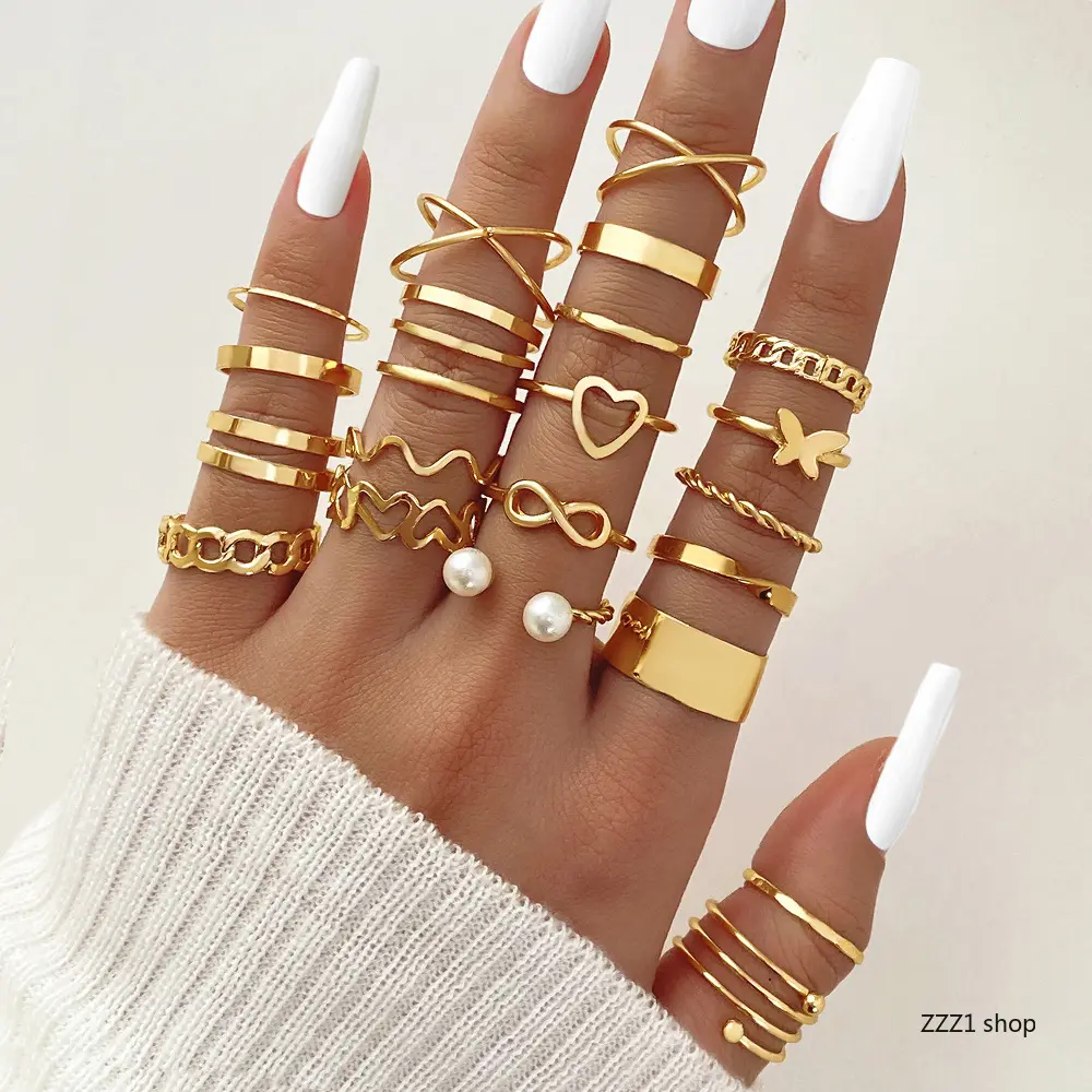 Women's Adjustable Fashion Gold Stackable Ring Set - Dainty Butterfly, Heart, Pearl, Twist Chain Wide Band Rings, Sports & Outdoor Accessory Gift for Daily Wear, Adjustable Stackable Ring