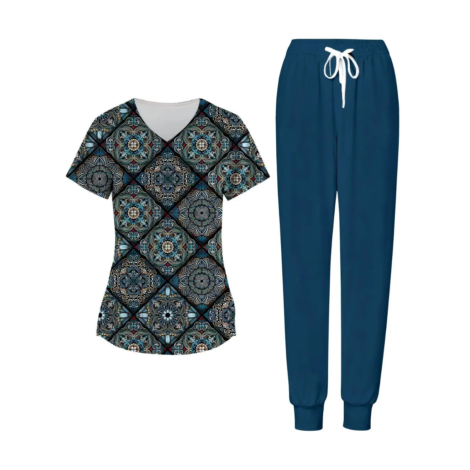 Mandala Print Plus Size Women's Scrub Set - 2 Piece Top & Solid Navy Pants - Comfortable Nursing Workwear, Ideal Gift