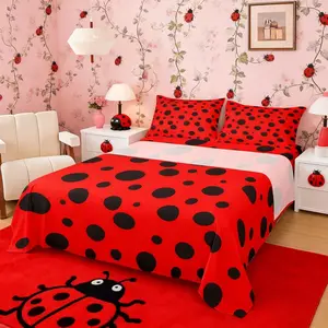 Feelyou Kids 2-Piece Bedding Set - Multi-Size, Red and Black Breathable Polka Dots Insect Motif Fabric, Soft Texture Room Decor (1 Flat Sheet + 1 Fitted Sheet)