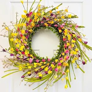 TOPFISH Handmade Rattan Decorative Fake Flower Wreath - Colorful Floral Design with Yellow, Pink, Purple Fake Flowers, Emerald Green Leaves, Plants, Romantic Door & Home Decor Ornaments
