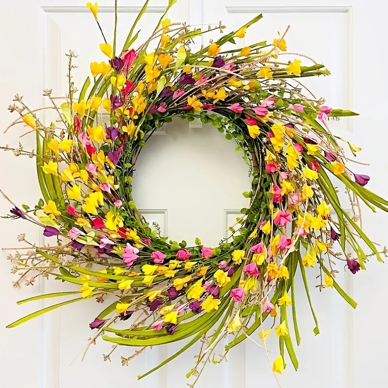 TOPFISH Handmade Rattan Decorative Wreath - Fake Flowers Arrangement with Yellow, Pink, Purple Blooms, Emerald Green Leaves, Door & Home Decor Ornament