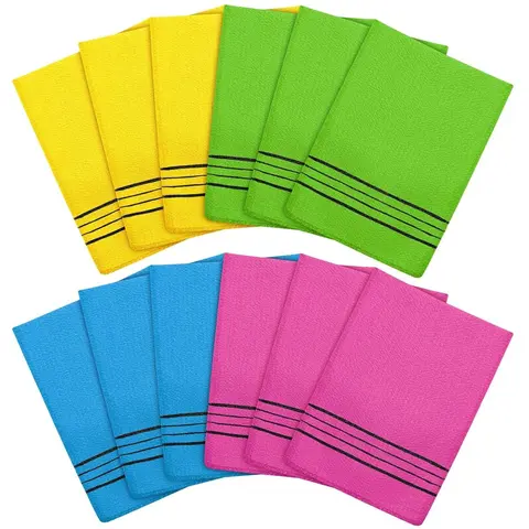Colorful Korean Viscose Rayon Exfoliating Mitts (12-Pack) - Small Size, Lightweight, Gentle Touch Bath Scrubbers, Hand Towels, Exfoliating Back Washcloth for Home Showers, Bathhouses Adult Full Body Care