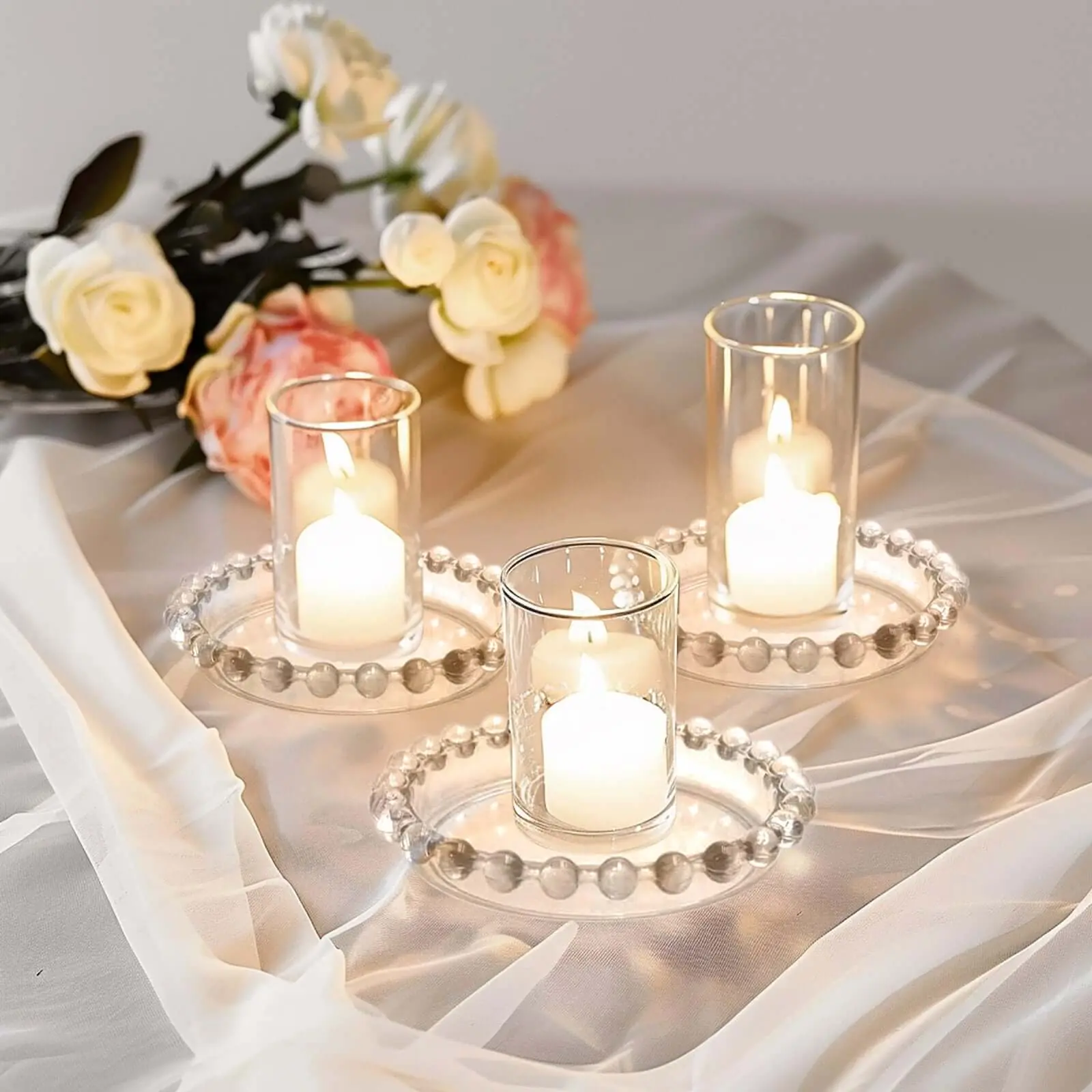 6-Pack Glass Pillar Candle Holder Plates 4" Clear with Beaded Rims - Transparent Small Round Coaster Trays