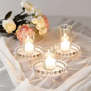 6-Pack Glass Pillar Candle Holder Plates 4" Clear with Beaded Rims - Transparent Small Round Coaster Trays