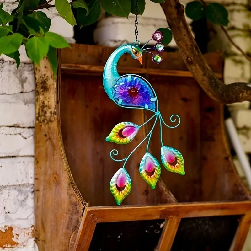 Vibrant Metal & Stained Glass Peacock Wall Hanging – Handcrafted Iron Art Ornament, Colorful Hand-Painted Feathers, Weather-Resistant, Perfect for Living Room, Bedroom, Patio, Garden & Boho Home Decor