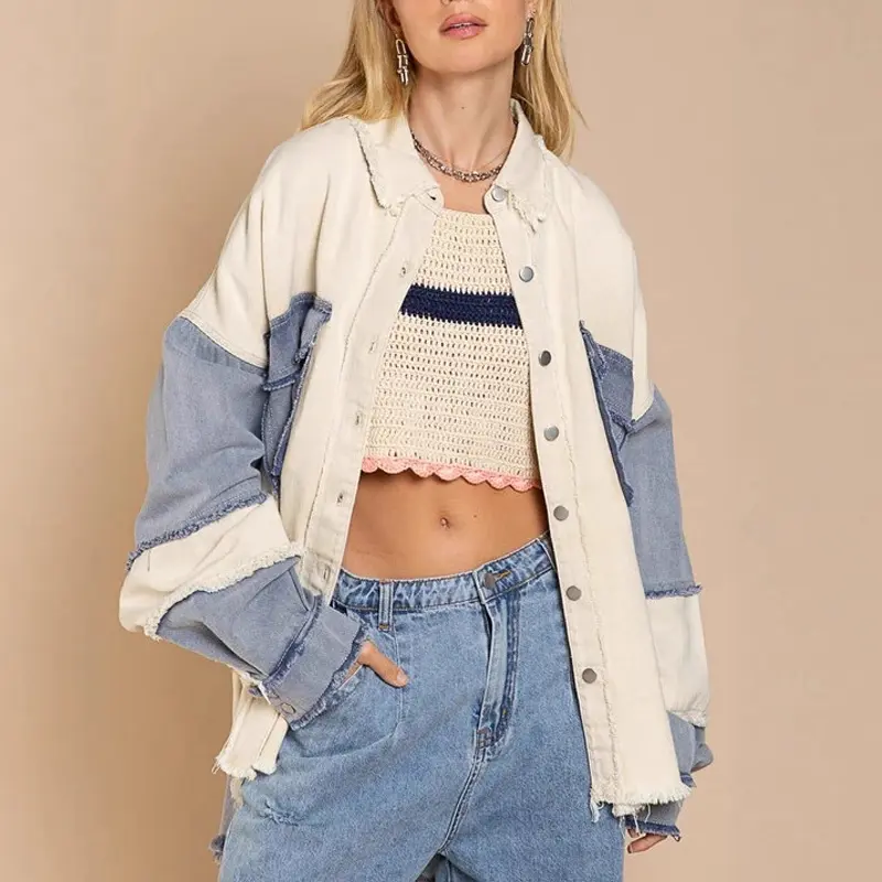 Vintage color-blocked distressed denim shirt jacket, oversized loose fit, turn-down collar, dropped shoulders, raw/frayed edges, distressed denim top