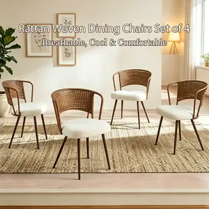 Wicker Dining Chairs Set of 4 Farmhouse Wingback Cane Back Rattan Kitchen Chairs with Soft Cushion for Home Dark Brown