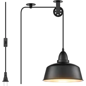 Plug Pendant Light, Farmhouse Hanging Lights with Plug Cord, Pulley Hanging Lamp, Black Industrial Pendant Lights Fixture for Kitchen Island, Bedroom, Dining Room, Living Room, Office
