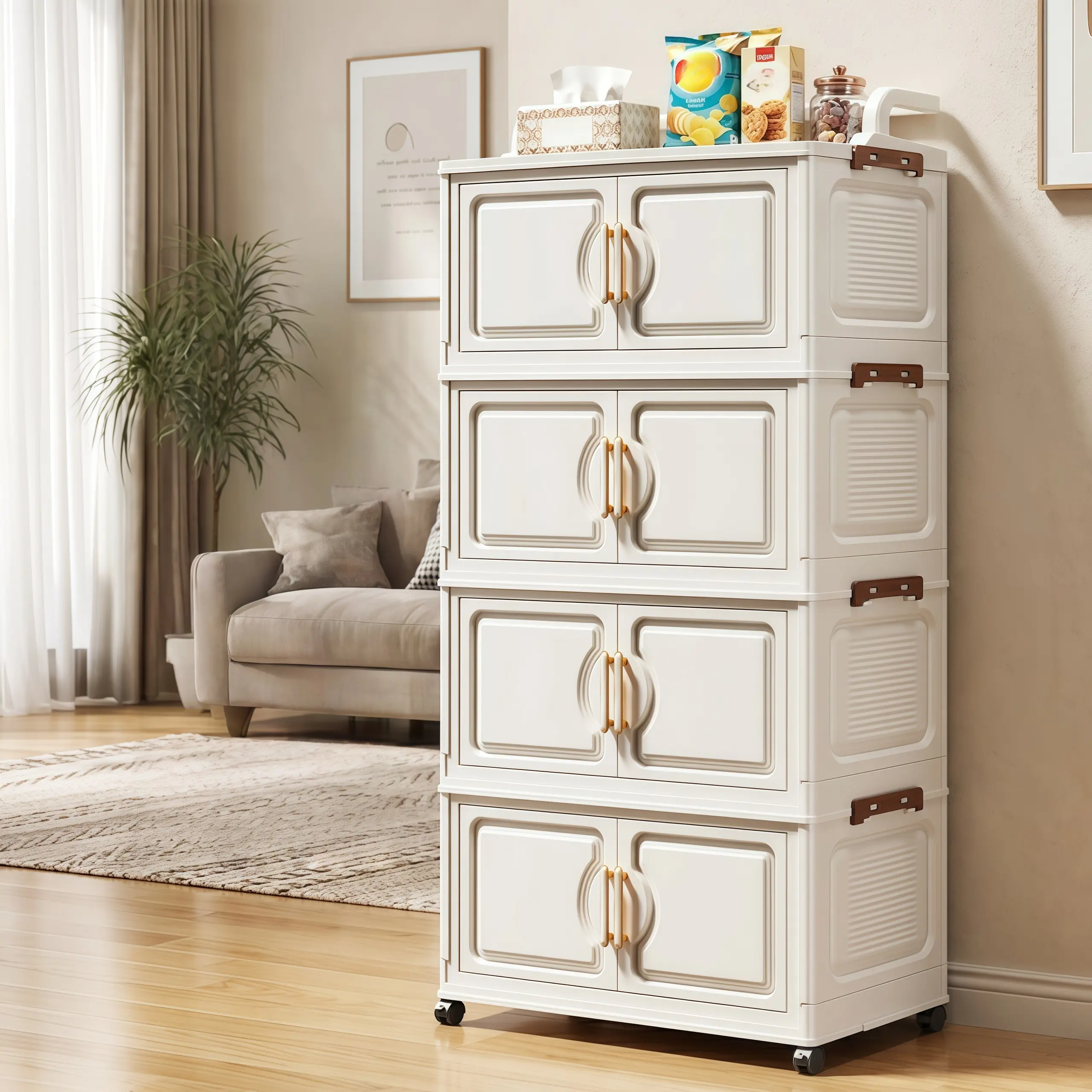 Multi-Tier Foldable Stackable Storage Cabinet with Lockable 360° Wheels & Magnetic Doors – No Assembly Collapsible Closet Organizer with 5-Min Install, Rolling Storage Chest for Bedroom, Living Room, Bathroom & Laundry Room, Space-Saving Fold Flat Design
