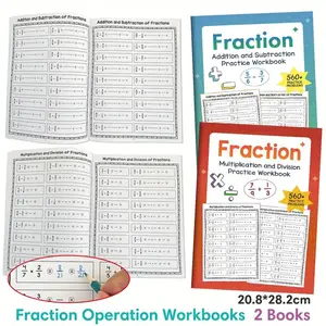 Elementary Math Workbook Set, Focuses on Basic Fraction Calculations, Includes Guided Addition Subtraction Multiplication Division Practice, Math Exercises