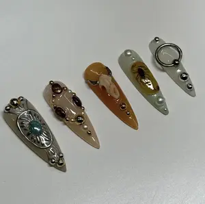 Western Charm Press On Nails Set Turquoise Concho Bull Skull Amber Fossil Nail Art for Holiday, Birthday