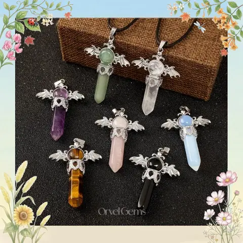 Angel Wing Crystal Pendant Necklace - Healing Protection Gift - Rose Quartz, Amethyst, Clear Quartz -Spiritual Jewelry for Protection & Love Protective Charm Divine Touch