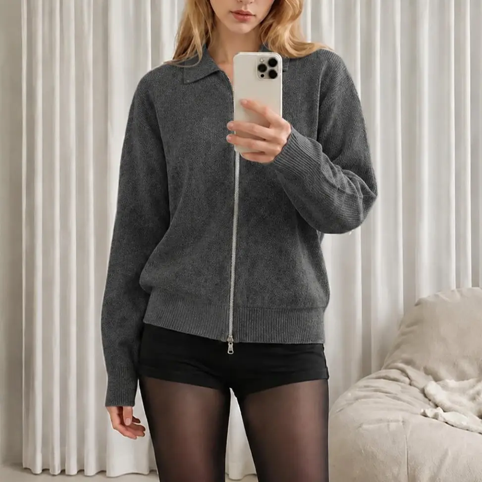 Womens Knit Zip-Up Cardigan Sweater Two-Way Full Zip Collared Jacket Light Dark Gray Smart Casual Everyday Essential Textured Breathable Wrinkle-Resistant Layer-Friendly Fall Winter Outerwear S-XL