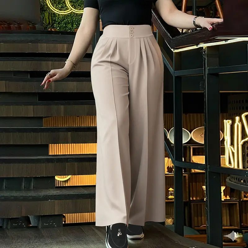 CHICME Women's Stylish Plain High Waist Adjustable Button Pants Casual Back Shirred Wide Leg Pants with Pockets