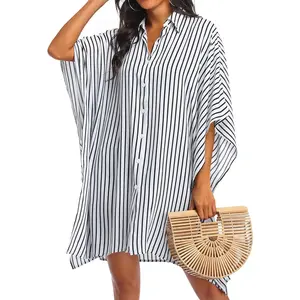 Women's Swimsuit Cover Up 3/4 Sleeve Beachwear Bikini Coverups Button Down Oversized Cover Up Shirt S-3XL