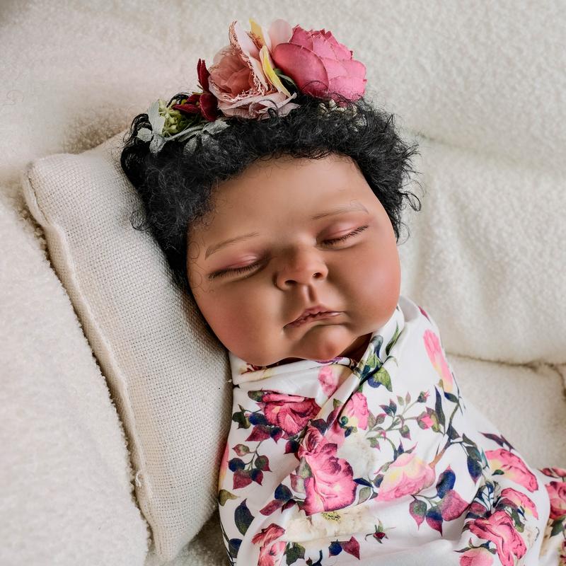 Lifelike Reborn Baby Dolls 20 inch 50 cm Realistic Mixed-Race Baby Girl Doll Black African American & Biracial Reborn Toddler with Hand-Rooted Curls, Soft Cloth Body & Outfit Set