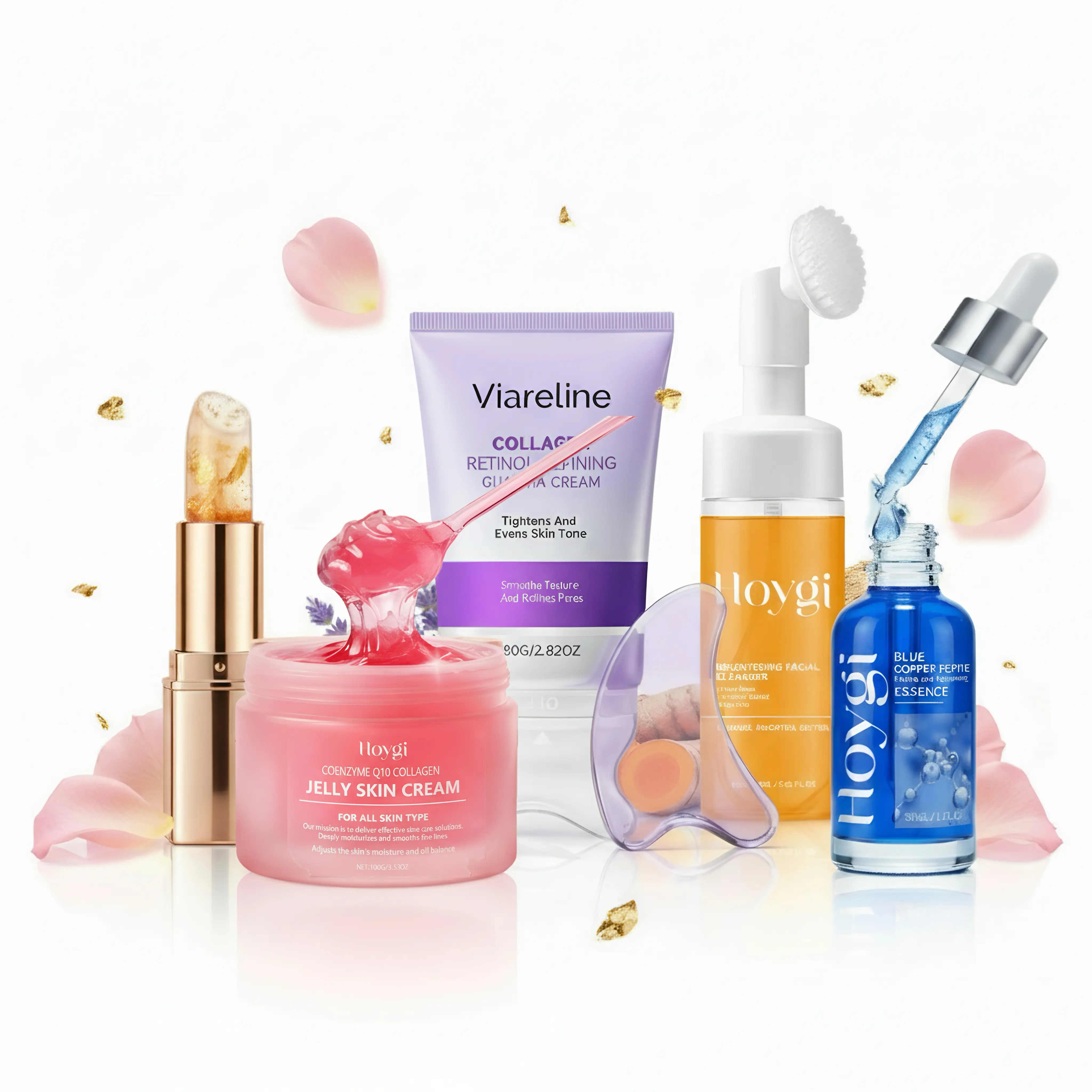 Gatekeeping My Real Age Set Multi-Brand Skincare & Lip Care Collection| Jaysuing Gold Foil Temperature Changing Lip Balm, Hoygi Collagen Jelly Cream, Viareline Retinol Gua Sha Cream, Hoygi Turmeric Facial Cleanser, Hoygi Blue Copper Peptide Essence
