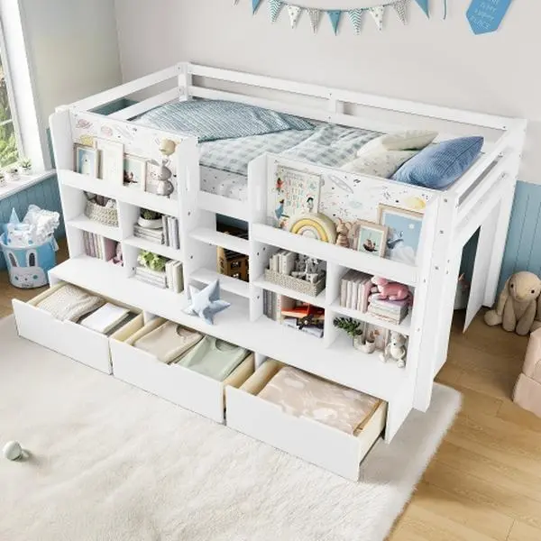 Bellemave   Loft Bed with Multi-storage Shelves and Storage, Low Loft Bed with Curtain under the Bed and Chalkboard, No Box Spring Needed