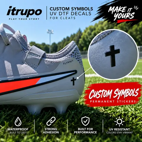Durable UV Transfer Sports Symbols & Custom Designs Sticker Pack (2 Stickers) - Waterproof Soccer Cleat Decal, Game-Ready UV Transfer Technology, Alcohol Wipe Included, 60-Second Quick Setup for Identity Expression