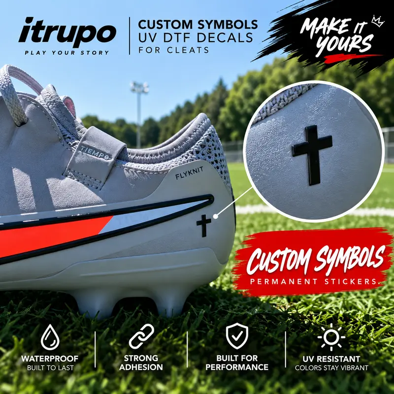 Durable UV Transfer Sports Symbols & Custom Designs Sticker Pack (2 Stickers) - Waterproof Soccer Cleat Decal, Game-Ready UV Transfer Technology, Alcohol Wipe Included, 60-Second Quick Setup for Identity Expression