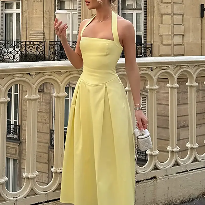 Women's Chic Elegant Solid Color Backless Sleeveless A-Line Pleated Halter Neck Slim Fit Midi Dress Elegant Backless Design for Party, Holiday, Daily & Formal Wear