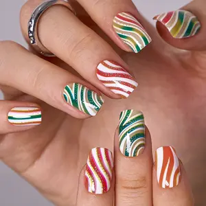 Candy Swirl Press On Nails | CurvLife Nail | 30pcs Medium Coffin Fake Nails | Glossy Finish with Colorful Striped Swirls & Subtle Sparkles | Easy to Apply, Comfortable & Long-Lasting | Great for Carnival Visits, Birthday Bashes & Sweet-Themed Events