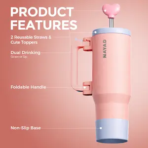 NAYAD 40oz Tumbler with Handle and Straw – Insulated Stainless Steel Travel Mug, Dual Straw & Sip Lid, Folding Handle, Cupholder Compatible, Water Bottle for Travel or Gifts