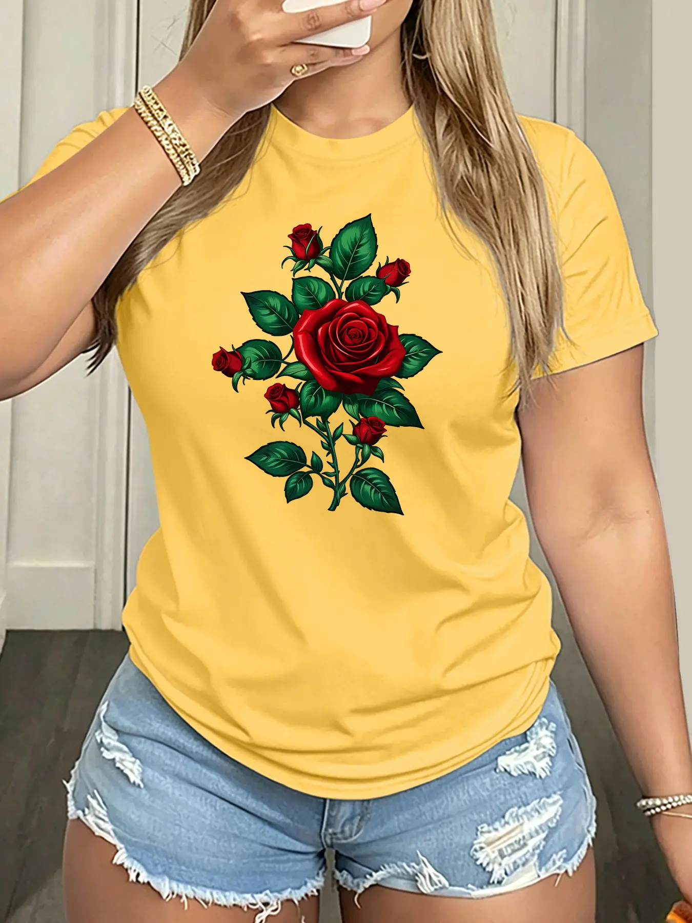 Women's Crew Neck T-Shirt, Red Rose Floral Print, Multiple Colors Available, Machine Washable, Spring & Summer Top, Soft Skin-Friendly Fabric, Daily Versatile, Casual, Fashion Design