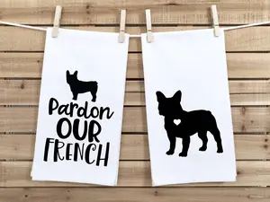 Set of 2 French Bulldog Flour Sack Kitchen Towel Gift Two Funny Frenchie Dog Dish Towels Birthday Christmas Housewarming Gift for Women Men