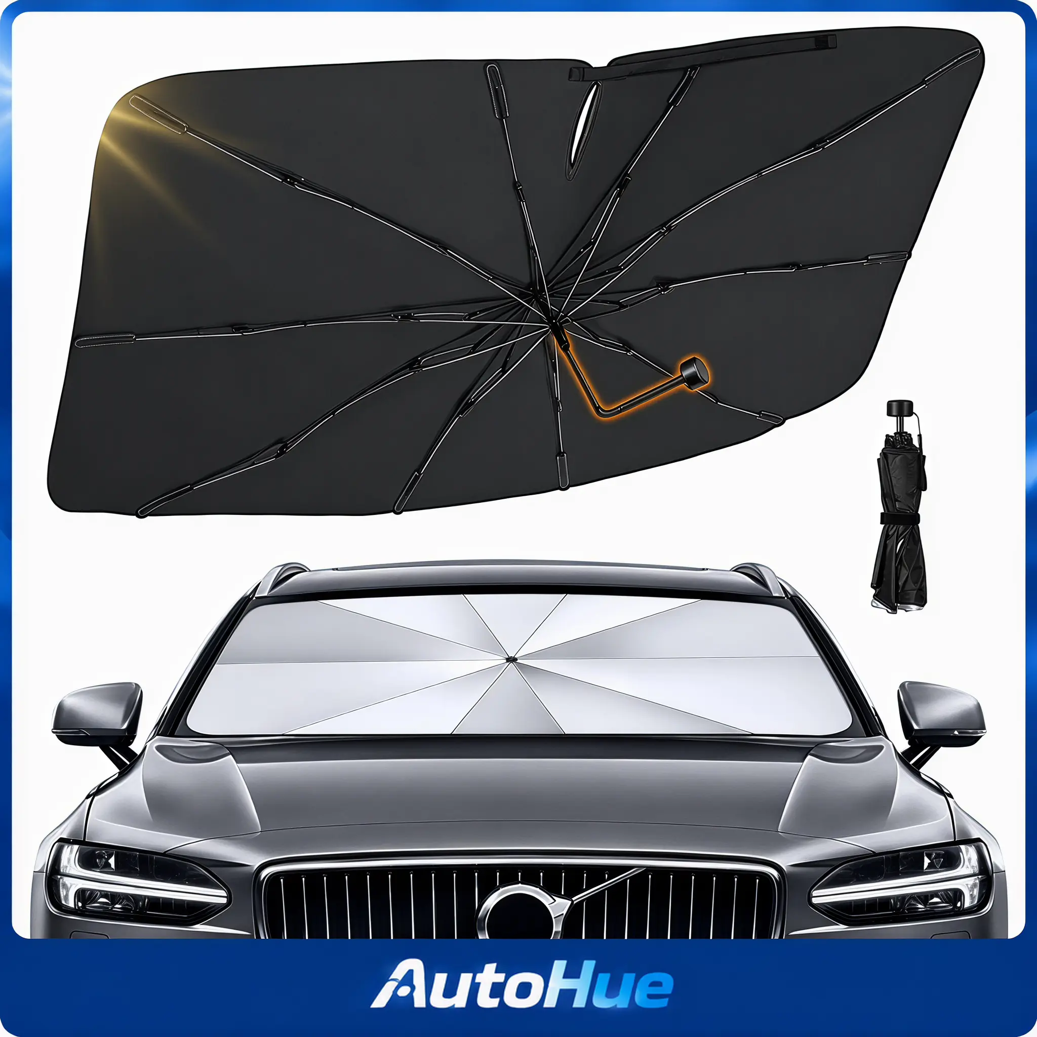 AutoHue Windshield sunshade, foldable car windshield cover, 142.24cm x 78.74cm UV heat-blocking car sunshade, universal fit for sedans, SUVs, and trucks exterior accessory