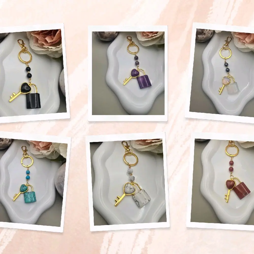 Natural Stone Lock & Key Gold Keychain | Handmade Crystal Beaded Bag Charm
