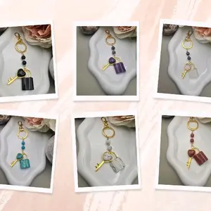 Natural Stone Lock & Key Gold Keychain | Handmade Crystal Beaded Bag Charm