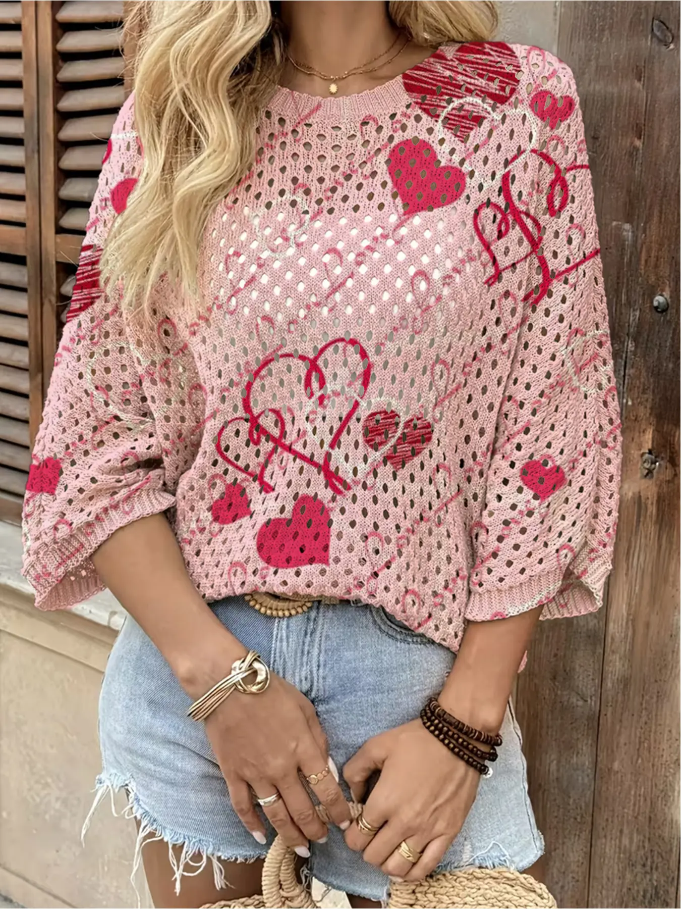 Spring/Summer, round neck hollow out knit loose bat with shoulder sleeve smock, contrast color love English print ladies Valentine knitted top, holiday style, leisure and elegant commute, ladies vest smock, bikini smock, Bohemian holiday style beach smock
