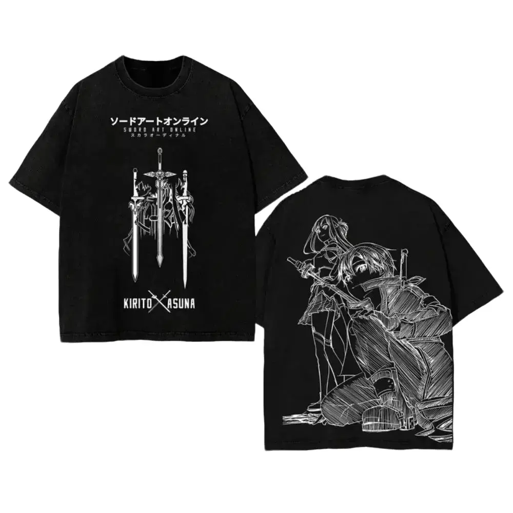 Men's Baggy T-Shirt with Sword Art Online Kirito Figure Print, Short Sleeve Crew Neck Casual Streetwear Top, Hand Wash Only