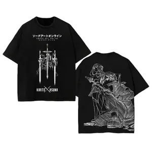 Sword Art Online Kirigaya Kazuto Kirito Print Washed Unisex Short-Sleeve T-Shirt - High-Quality Vintage Baggy Distressed Soft Festive All-Season Top for Men, Couples