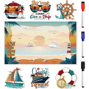Cruise Door Decorations Magnetic, 7 Pcs Retro Sunset Beach Nautical Vacation Cruise Magnets, Cruising Essentials Fun Ship Cabin Door Signs Fridge Decor, with 3 Pcs Pens