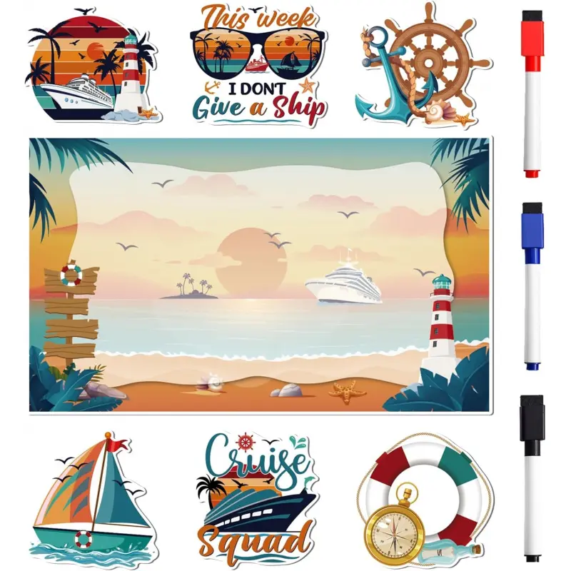 Cruise Door Decorations Magnetic, 7 Pcs Retro Sunset Beach Nautical Vacation Cruise Magnets, Cruising Essentials Fun Ship Cabin Door Signs Fridge Decor, with 3 Pcs Pens