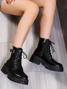 New Women's Mid-Calf Wedge Boots, Lace-Up Side Zipper Design, Comfortable PU Leather Casual Motorcycle Boots for All Seasons, Round Toe Boot