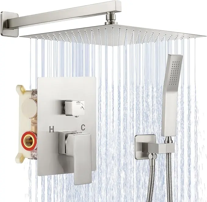 Brushed Nickel Shower Faucet Set, Rain Shower System with Mixing Valve, Wall Mounted 2-Functions Bathroom Shower Systems with High Pressure Rain Shower and Handheld Spray Shower Trim Included, 8/12/16 INCH 3 sizes to Choose