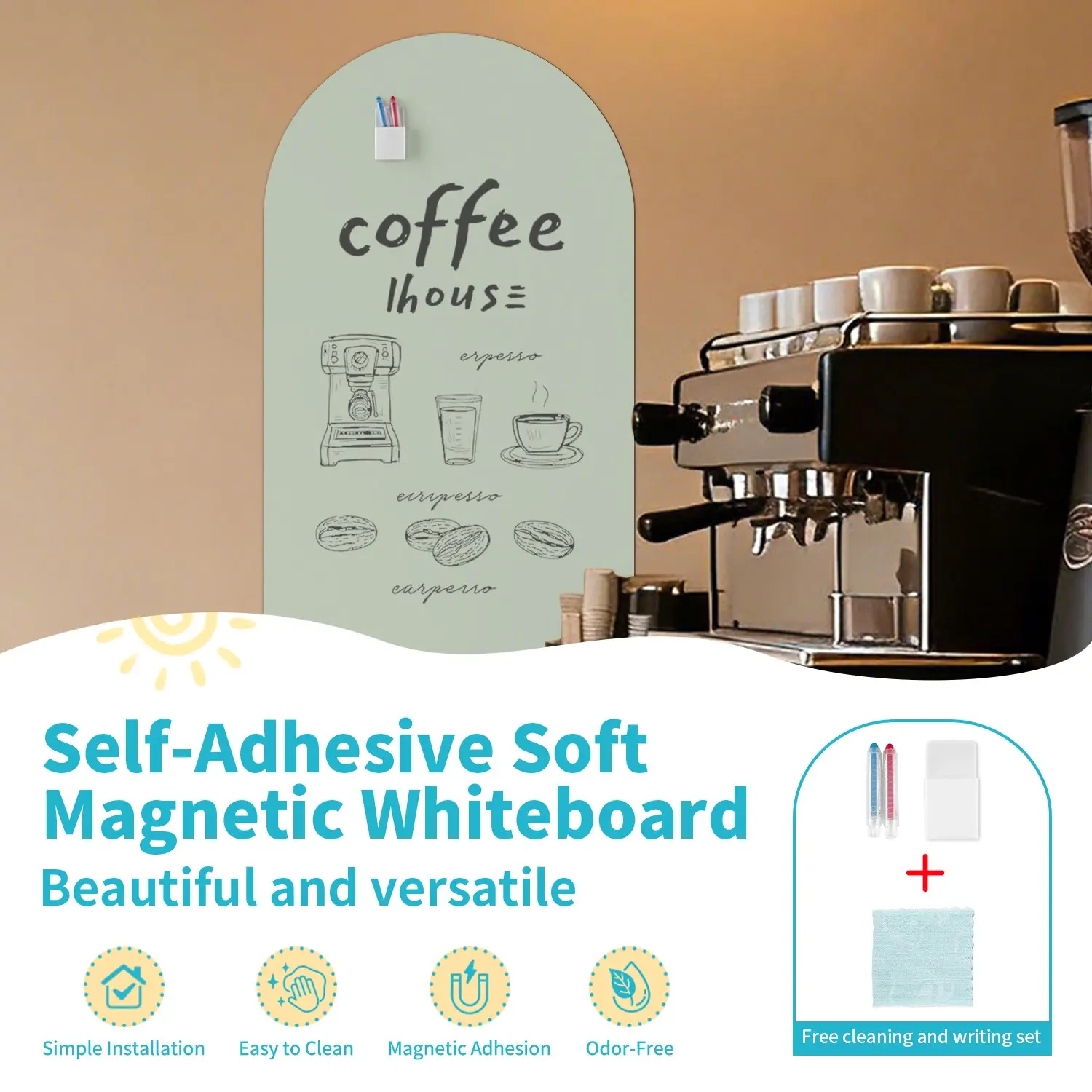 Self Adhesive Detachable Soft Magnetic Whiteboard, Ideal for Rooms and Offices, Includes Storage Box and Crayons, Easy Tear and Stick Installation 50x90cm