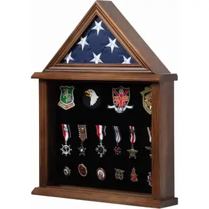 Flag display box, American flag solid wood display box suitable for 7.62 X 12.7 flag folding military film box, felt lined bracket for certificate, pin, badge, medal, small walnut wood