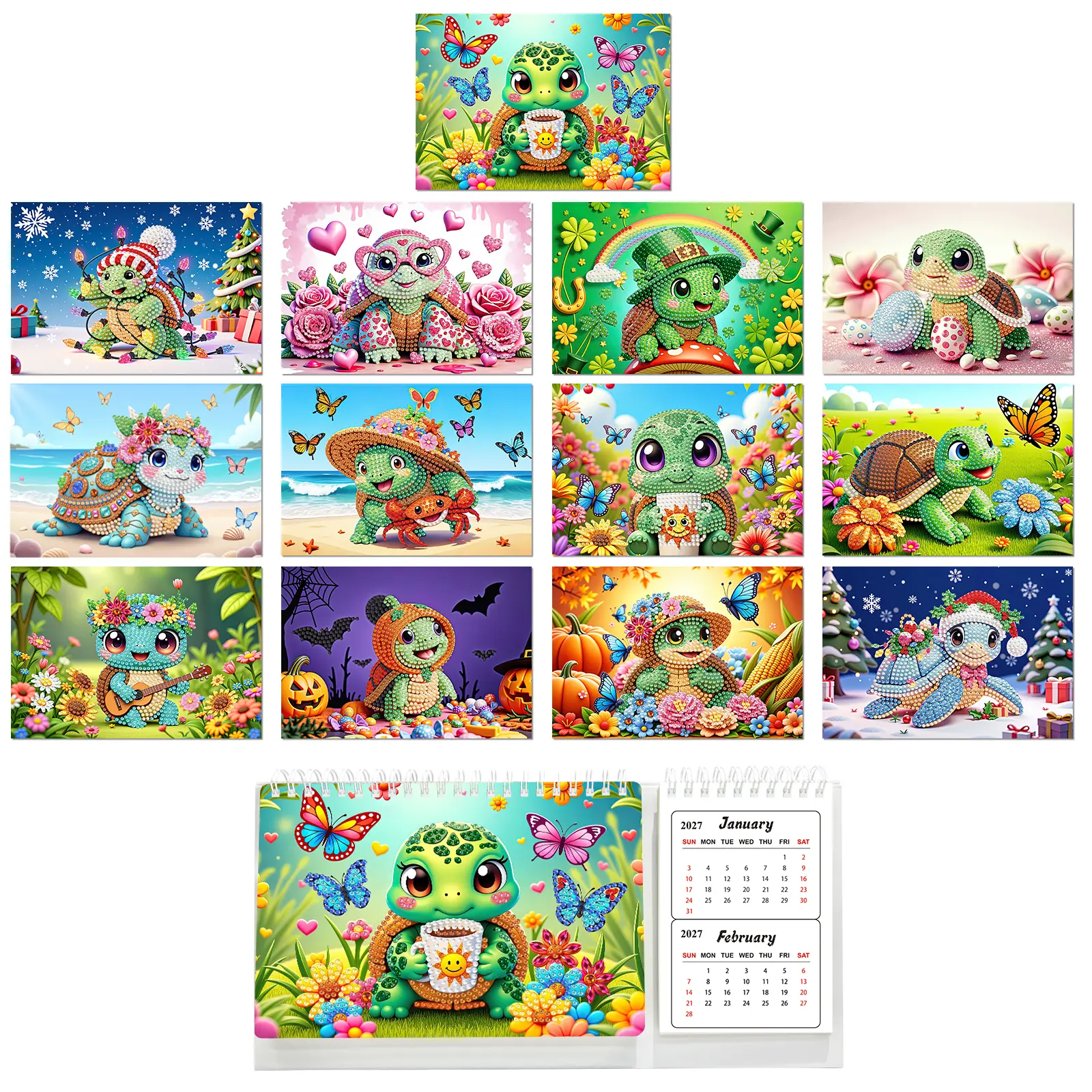 DIY Diamond Painting Desk Calendar 2027-2028, 2-Year Paper Handmade Craft, 13 Exquisite Monthly Holiday Illustrations (Jan 2027-Dec 2028), Markable Schedule Area, Dual-Use as Table Ornament, Christmas Gift, Diamond Painting Cross Stitch Crafting Kit, All