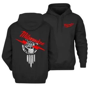 Milwaukee 2 Sided Hoodie – Bold Red Lightning Fist Logo Vintage Pullover, Unisex Workwear Sweatshirt, Streetwear Hoodie For Tool Fans & Builders Menswear Tops, Unisex Long Sleeve Pullover Shirt