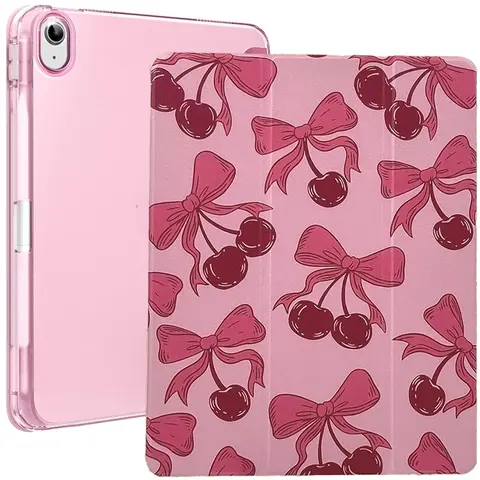 Cherry Pattern Case for iPad (a16) 11th gen /10th Generation (11Inch/10.9 Inch) with Pencil Holder,  Cute Smart Support Auto Wake/Sleep Slim Leather Cover, Smooth Crystal clear Back pu shell , Tri-fold Stand Tablet Computer Protective Cases, kid girl
