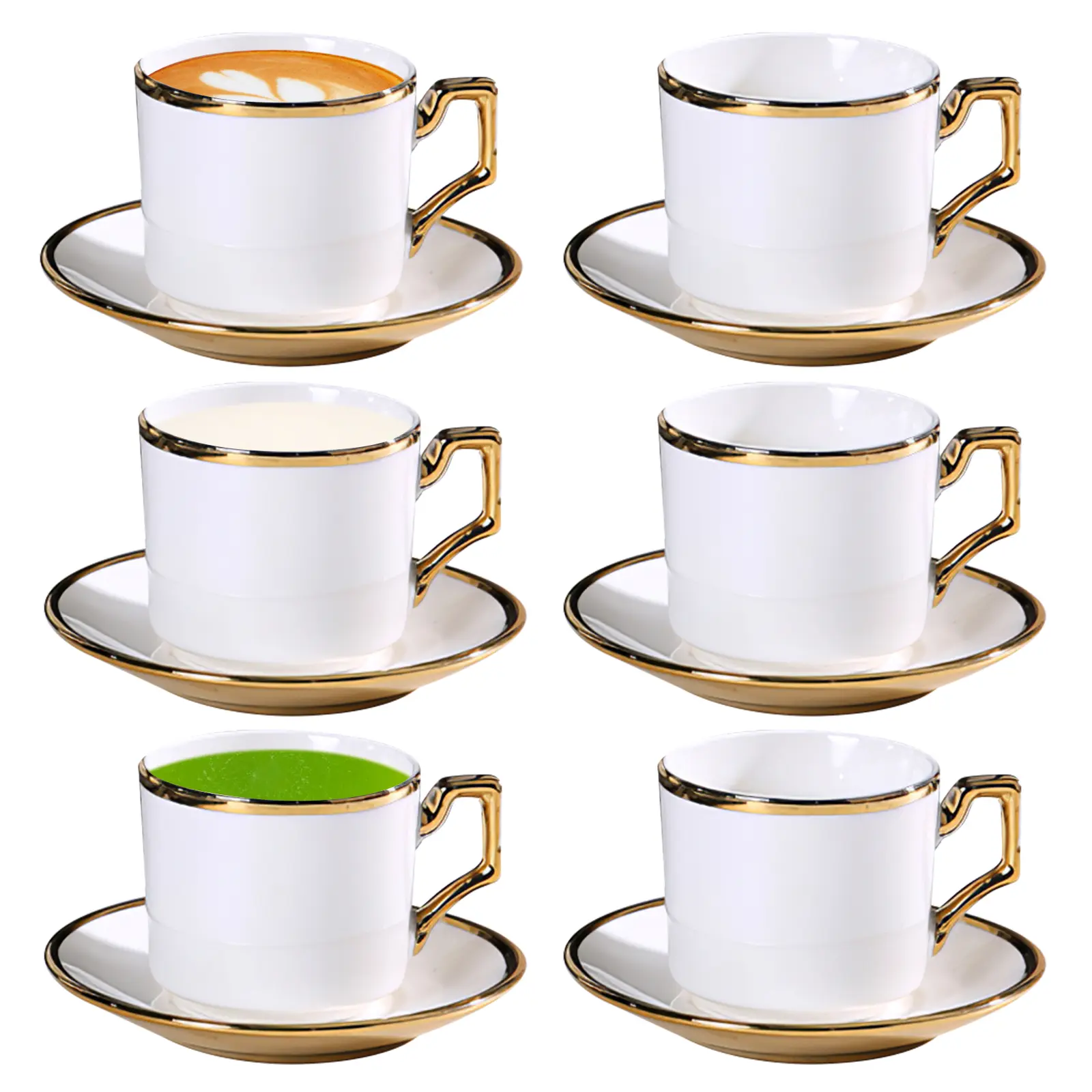 Luxury Electroplated Gold-Trim European Ceramic Tea & Coffee Cup and Saucer Set - 6-Piece, 90ml Elegant Kitchenware Drinkware for Home Cafe, Coffee Cups Gift, Tea Cup Set Glass Cup Set
